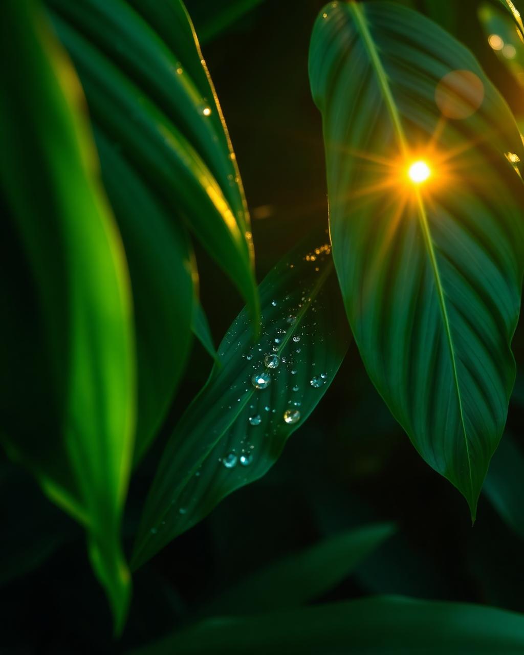 Sunlight filtering through tropical rainforest leaves