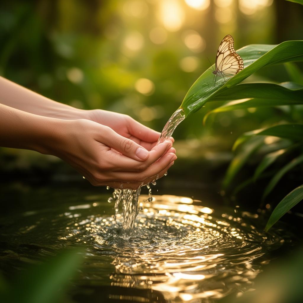 Gentle hands in flowing water surrounded by tropical leaves and golden light
