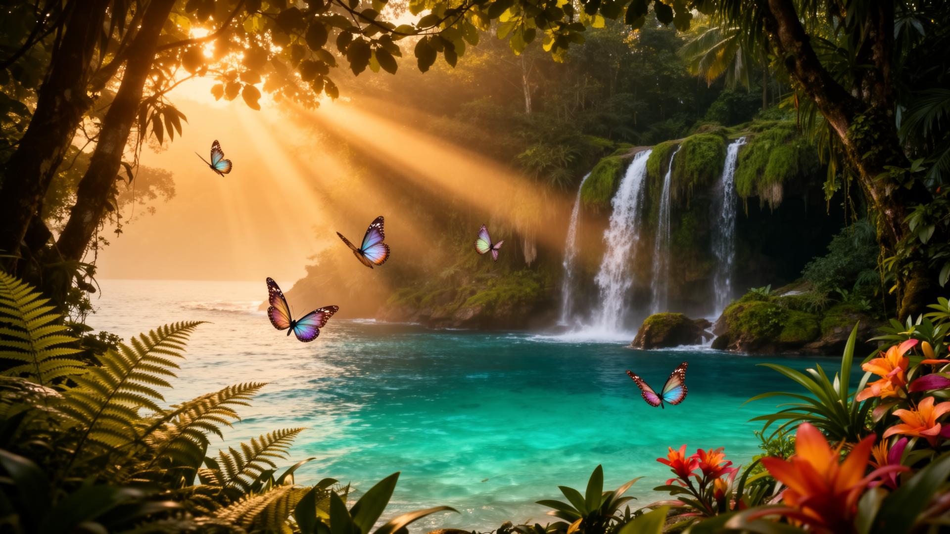 Lush tropical rainforest flowing into a peaceful ocean at golden hour, with sunlight and butterflies
